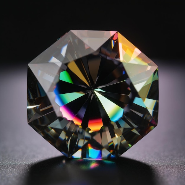 A diamond with a rainbow reflection is sitting on a table.