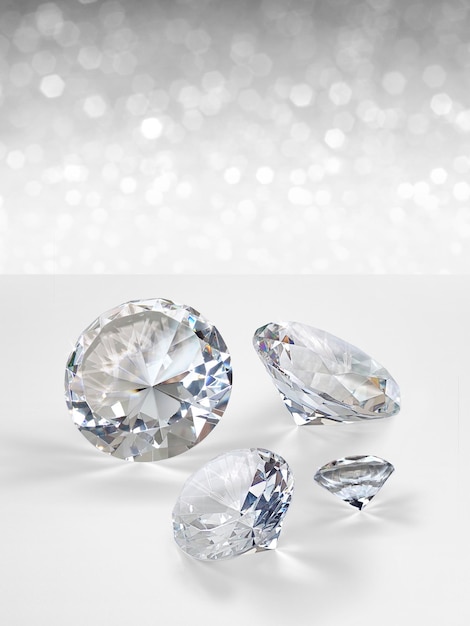 최고의 다이아몬드 보석 디자인을 위한 흰색 빛나는 보케 배경 개념에 배치된 다이아몬드 그룹