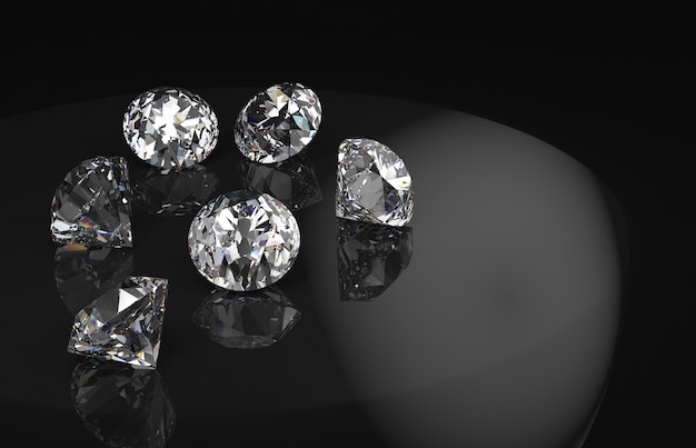 Foto gruppo di diamanti con la riflessione su sfondo nero.