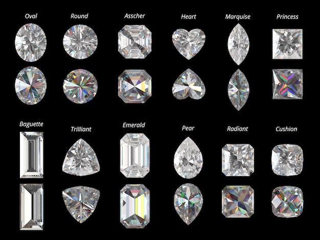 Diamonds multiple type isolated background on top and bottom view 3D rendering