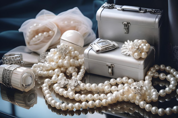 Diamonds pearl necklaces and luxurious accessories accompanied by designer handbags and shoes