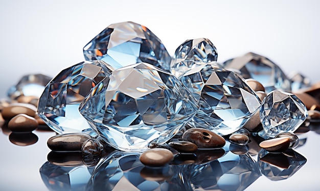 Diamonds and stones on a reflective surface 3d rendering