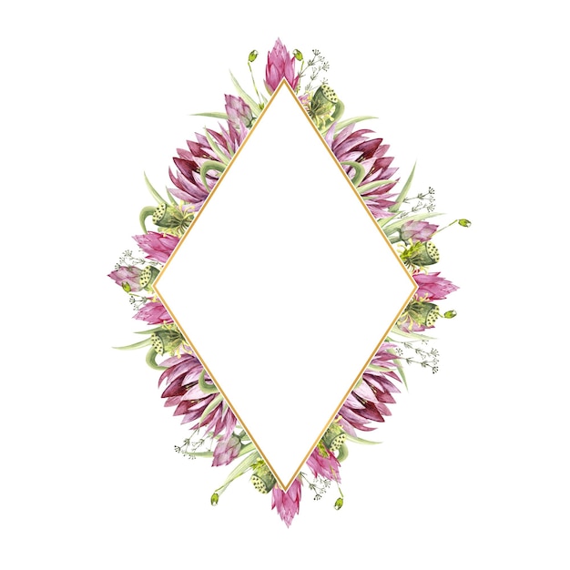 A diamondshaped frame with flowers of water lilies and wild forest grasses Watercolor illustration on a white background