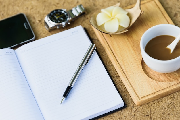 Diary book blank page on wood table