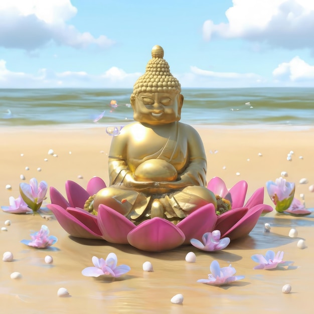 Dibuja un Buda hecho de agua y rodeado de flores de lotoshechas de las gotas del roco en la play