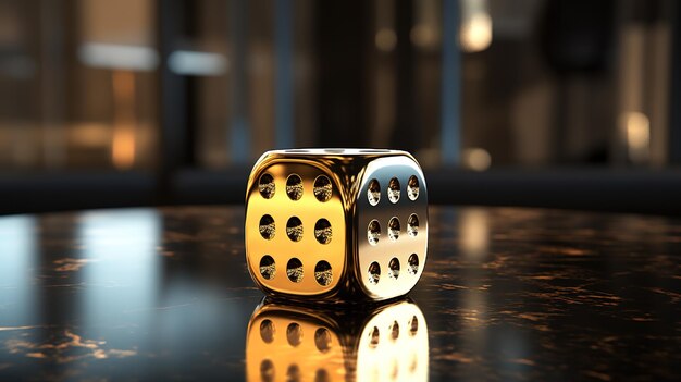 Photo dice in a board game gold cube in a casino