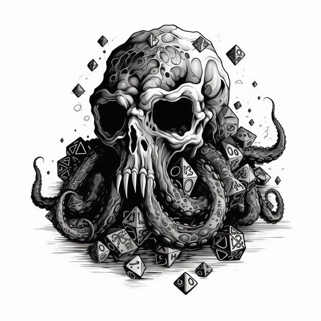 The Dice Encounter Cthulhu Unleashed in Monochrome Vector Art