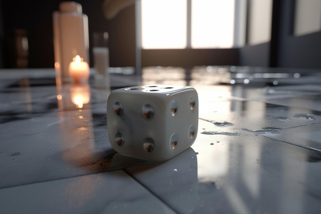 A dice on a table with candles in the background