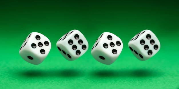 Photo dice thrown over the green table playing dice close up