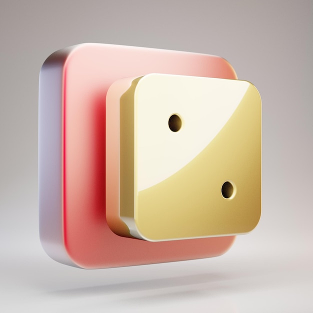 Dice Two icon. Golden Dice Two symbol on red matte gold plate. 3D rendered Social Media Icon.