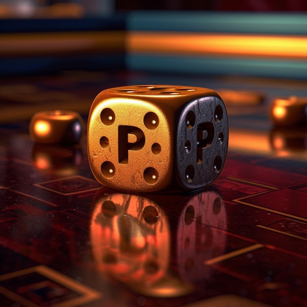 A dice with the letter p on it is on a table.