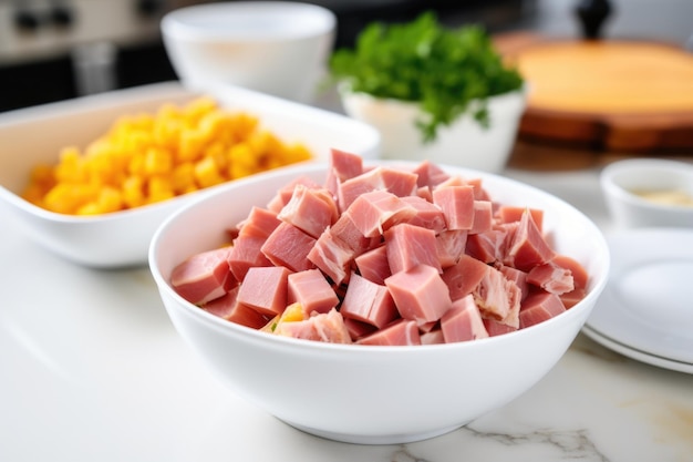 Dicecut ham from leftover meal in a bowl