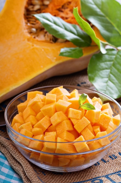 Diced butternut squash in a bowl