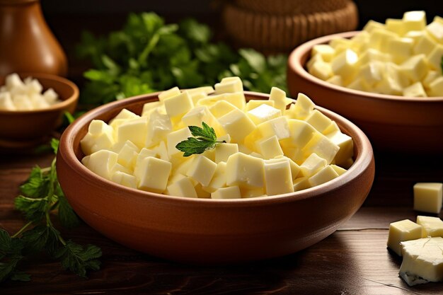 Diced cheeses laying in ceramic bowls