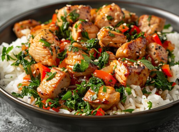 Photo diced chicken with rice and vegetables