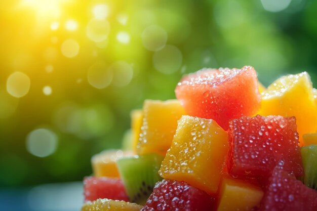 Photo diced fresh fruit with a bokeh background