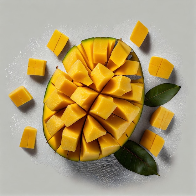 Diced mangoes on a white background