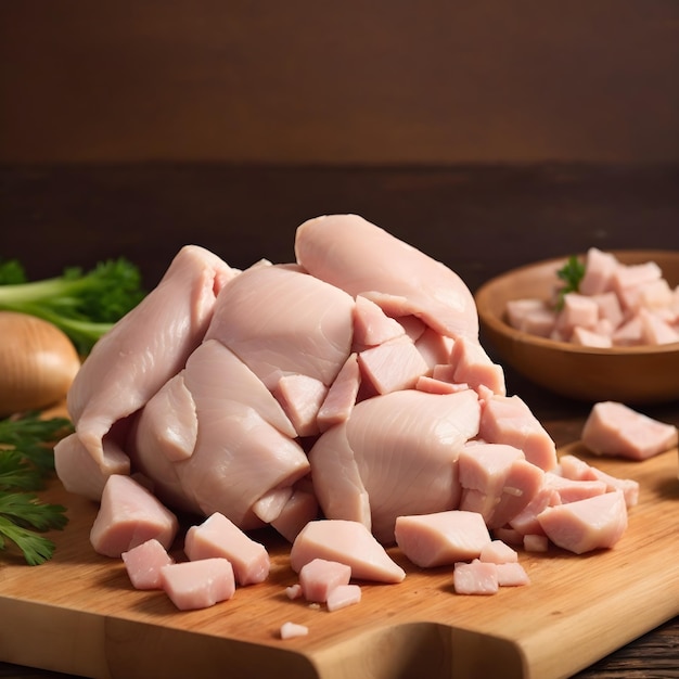 Diced Raw Chicken on Wooden Table