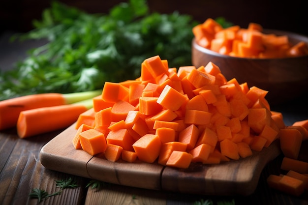 Diced and Sliced Carrots on a Wooden Table