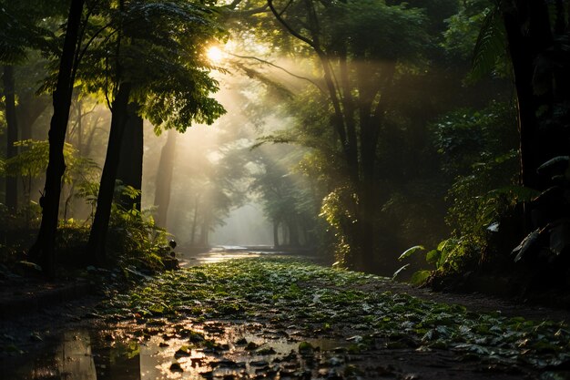 Dicht bos met zonlicht dat door de bomen stroomt