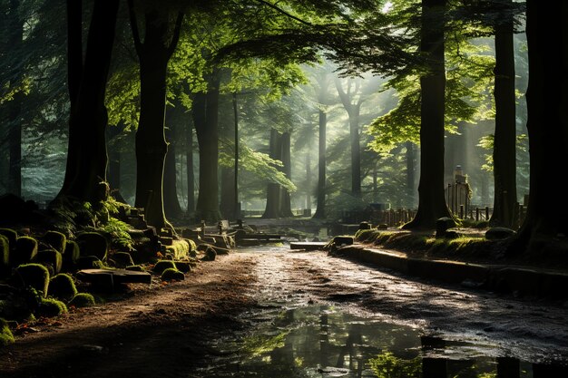 Dicht bos met zonlicht dat door de bomen stroomt