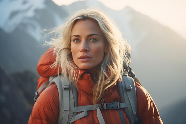 Dicht portret van een mooie blonde klimmer terwijl ze naar de top van de berg navigeert