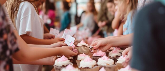 Foto dichtbij meisjes die prijskaartjes op desserts plaatsen bij de bakverkooptafel