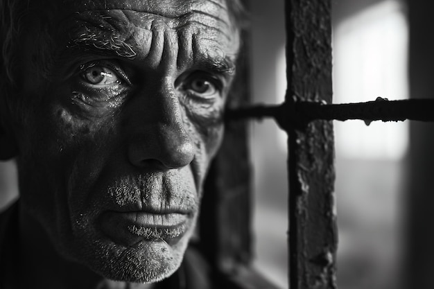 Dichtbij monochrome portret van een depressieve gevangene bij de tralies van de gevangenis