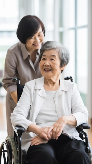 Foto dichtbij patiënt aziatische dokter rijden een rolstoel van oude vrouw dokter en oude vrouw praten over