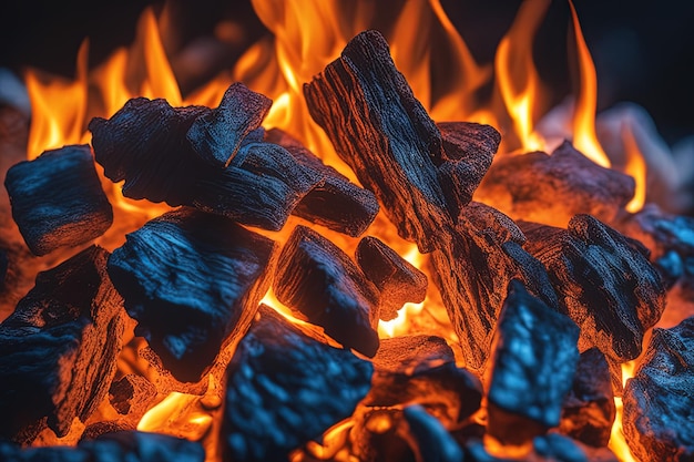 dichtbij zicht van brandende houtskool en vuur dichtbij zicht op brandende housskool en vuur in een da