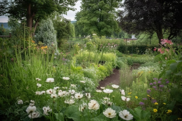 Dichtbijzijnde opname van groen en bloemen in de tuin met focuspunt gecreëerd met generatieve ai