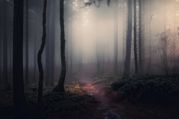 Dichte mist in het herfstbos met gele bladeren en groen mos op boomschors AI gegenereerd