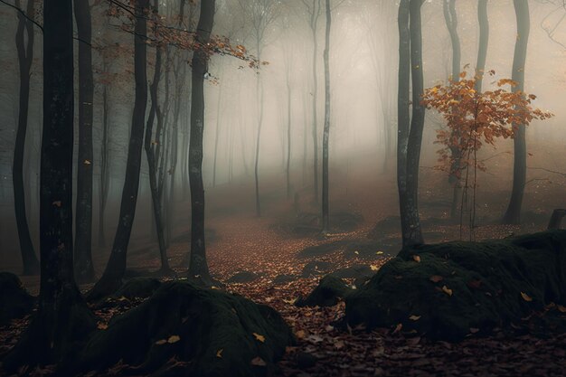 Dichte mist in het herfstbos met gele bladeren en groen mos op boomschors AI gegenereerd