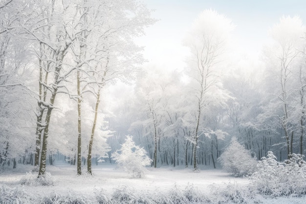 Dichte mist in koud winterbos zonder bladeren en witte sneeuw op bomen schors AI gegenereerd