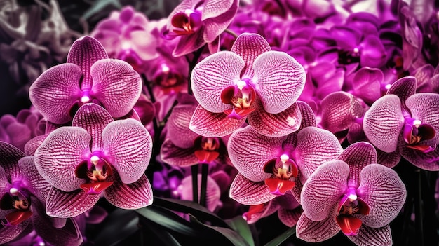 Dichte omhooggaand van purpere orchideeën met het woordorchidee op de bodem