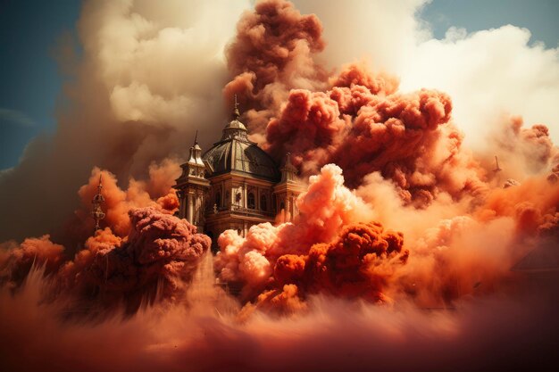 Dichte rookkolom stijgt boven het stadsbeeld, wat duidt op brand of explosie donkergrijze oranje tinten dramatisch contrast met de lucht