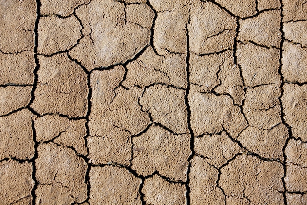 Dichte textuurmening van wat uitgedroogde grond met veel barsten.