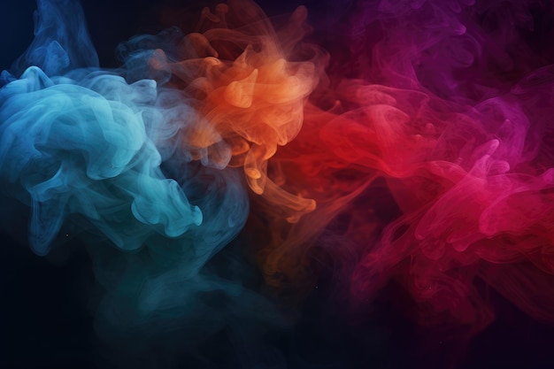 Dichte veelkleurige rook van rode en blauwe kleuren op een zwarte geïsoleerde achtergrond Achtergrond van de rook van vape Presenteer een grote hoeveelheid rook met verschillende AI-gegenereerde