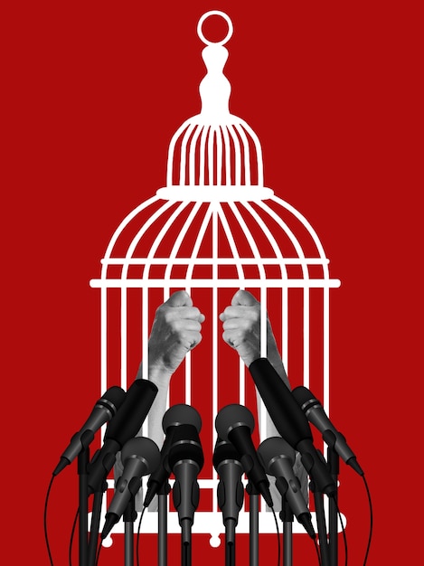 Photo dictatorship concept with cage and microphones