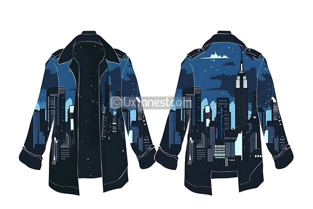 Photo die cut coat with city skyline silhouettes on back with nigh illustration flat clothes collection