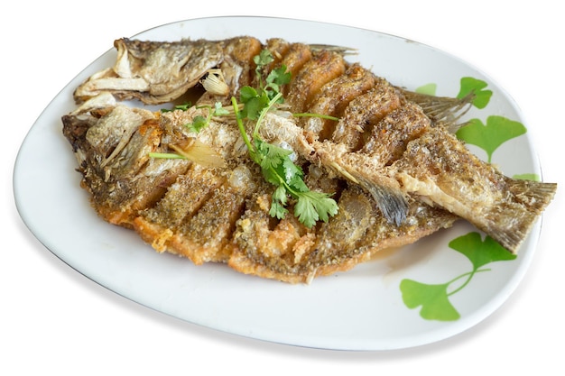 Die cut of Deep Fried Sea Bass in the white dish on white isolated