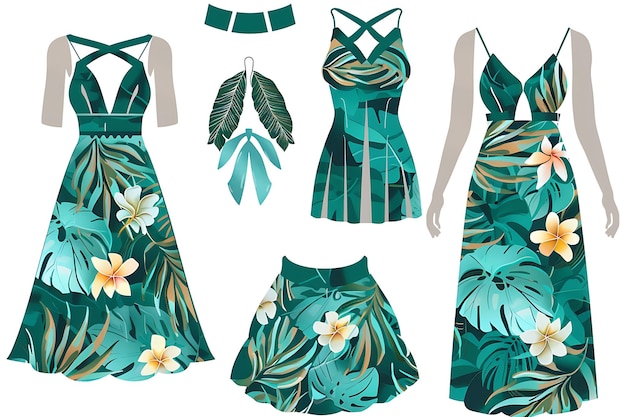 Photo die cut dress with hand painted tropical island arrangements illustration flat clothes collection