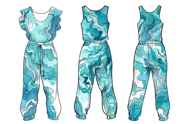 Die Cut Jumpsuit met handgeverfde waterpatronen Streaming Dow Illustratie Flat Clothes Collection