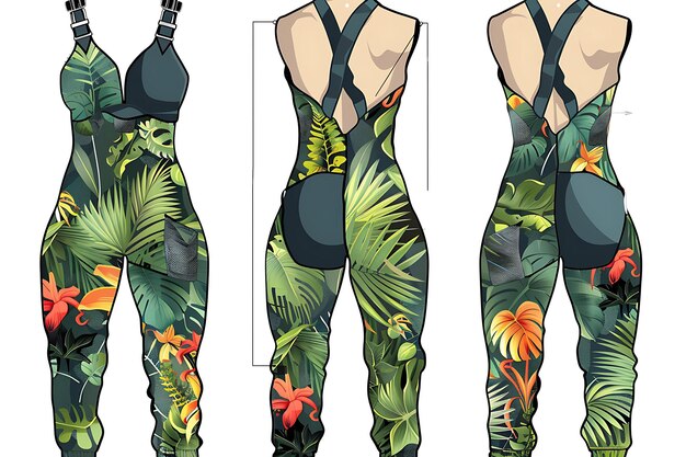 Foto die cut jumpsuit met tropische jungle scenes op torso en li illustration flat clothes collection