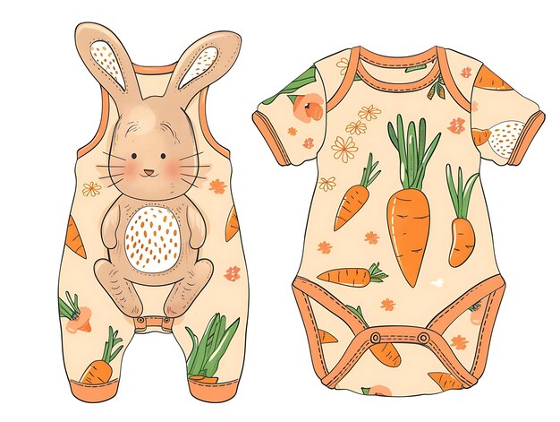 Фото die cut onesie с формой кролика с морковью и потоком креативная плоская иллюстрация детская одежда