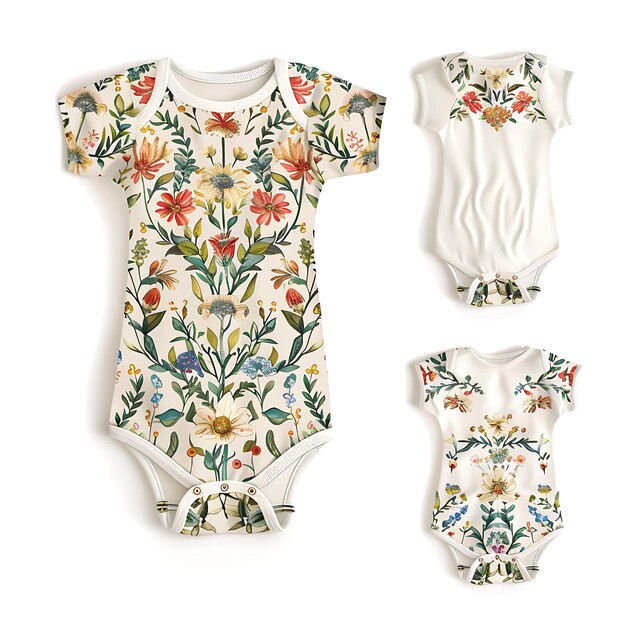 Photo die cut onesie with flower shaped pockets featuring a garden creative flat illustration kid clothes