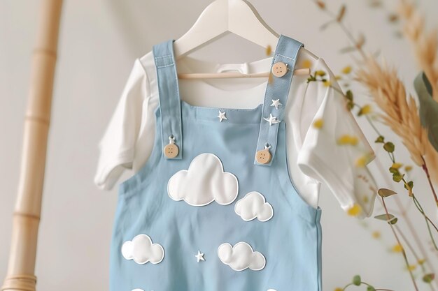 Photo die cut overalls with cloud shaped cutouts on the back showc creative flat illustration kid clothes