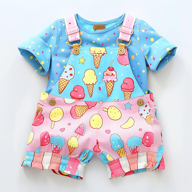 Die Cut Overalls With Ice Cream Shaped Cutouts on the Knees Creative Flat Illustration Kid Clothes