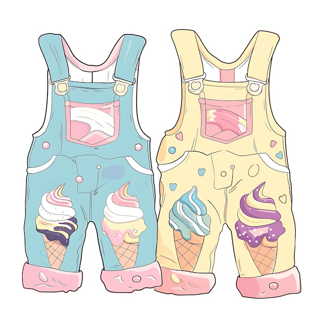 Photo die cut overalls with ice cream shaped cutouts on the knees creative flat illustration kid clothes