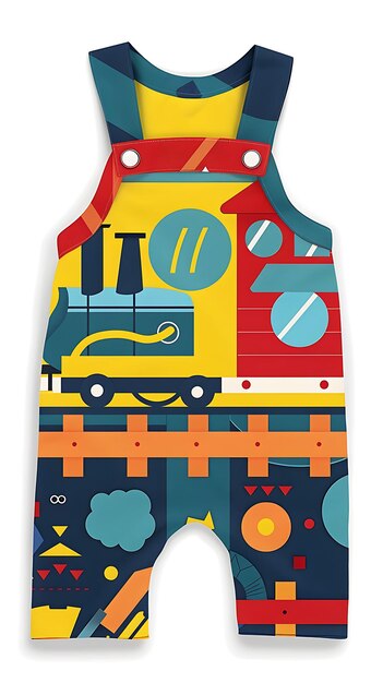 Photo die cut overalls with a train shape featuring railroad track creative flat illustration kid clothes